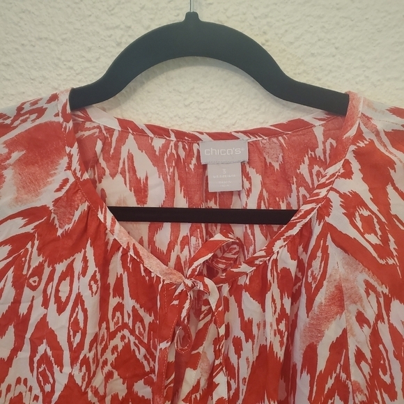 Chico's Size 1 100% Modal Ikat Fringe Tie Blouse - Picture 3 of 7